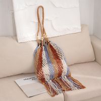 Women's Medium Cotton Rope Color Block Vacation Beach Tassel Weave Bucket Open Straw Bag main image 3