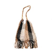 Women's Medium Cotton Rope Color Block Vacation Beach Tassel Weave Bucket Open Straw Bag main image 5