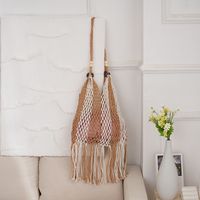Women's Medium Cotton Rope Color Block Vacation Beach Tassel Weave Bucket Open Straw Bag sku image 2