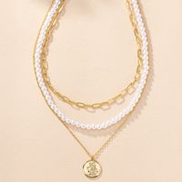 Wholesale Jewelry Elegant Vintage Style Round Coin Plastic Zinc Alloy Beaded Three Layer Necklace sku image 1