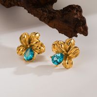 1 Pair Vintage Style Exaggerated Classic Style Flower Petal Plating Inlay 304 Stainless Steel Zircon 18K Gold Plated Ear Studs main image 3
