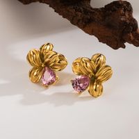 1 Par Estilo Vintage Exagerado Estilo Clásico Flor Pétalo Enchapado Embutido Acero Inoxidable 304 Circón Chapados en oro de 18k Pendientes sku image 2