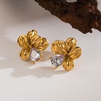 1 Pair Vintage Style Exaggerated Classic Style Flower Petal Plating Inlay 304 Stainless Steel Zircon 18K Gold Plated Ear Studs main image 4