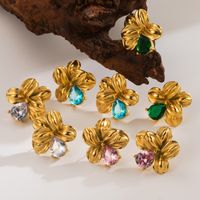 1 Pair Vintage Style Exaggerated Classic Style Flower Petal Plating Inlay 304 Stainless Steel Zircon 18K Gold Plated Ear Studs main image 1