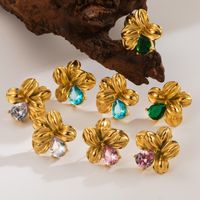 1 Pair Vintage Style Exaggerated Classic Style Flower Petal Plating Inlay 304 Stainless Steel Zircon 18K Gold Plated Ear Studs main image 7