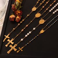 304 Stainless Steel Artificial Pearl Natural Stone 18K Gold Plated Basic Modern Style Classic Style Beaded Plating Cross Round Pendant Necklace main image 5