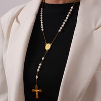 304 Stainless Steel Artificial Pearl Natural Stone 18K Gold Plated Basic Modern Style Classic Style Beaded Plating Cross Round Pendant Necklace main image 6