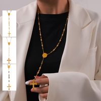 304 Stainless Steel Artificial Pearl Natural Stone 18K Gold Plated Basic Modern Style Classic Style Beaded Plating Cross Round Pendant Necklace main image 4
