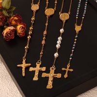 304 Stainless Steel Artificial Pearl Natural Stone 18K Gold Plated Basic Modern Style Classic Style Beaded Plating Cross Round Pendant Necklace main image 1