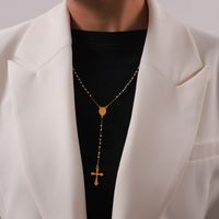 304 Stainless Steel Artificial Pearl Natural Stone 18K Gold Plated Basic Modern Style Classic Style Beaded Plating Cross Round Pendant Necklace main image 7