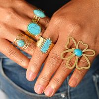 304 Stainless Steel 14K Gold Plated Vintage Style Roman Style Commute Plating Hollow Out Inlay Geometric Flower Turquoise Rings main image 1