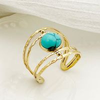 304 Stainless Steel 14K Gold Plated Vintage Style Roman Style Commute Plating Hollow Out Inlay Geometric Flower Turquoise Rings main image 5