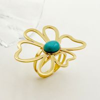 304 Stainless Steel 14K Gold Plated Vintage Style Roman Style Commute Plating Hollow Out Inlay Geometric Flower Turquoise Rings main image 3