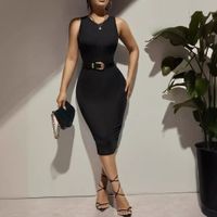 Women's Sheath Dress Streetwear Round Neck Sleeveless Solid Color Knee-Length Holiday Daily main image 3