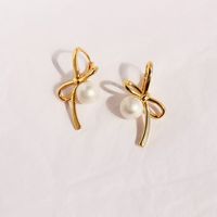 1 Pair IG Style Sweet Bow Knot Inlay Brass Pearl 18K Gold Plated Earrings sku image 1