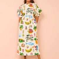 Frau Normales Kleid Ferien Rundhals Drucken Kurzarm Brief Kokosnussbaum Fisch Midi-Kleid Ferien Strand main image 6