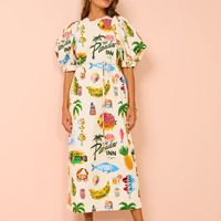 Women's Regular Dress Vacation Round Neck Printing Short Sleeve Letter Coconut Tree Fish Midi Dress Holiday Beach main image 3