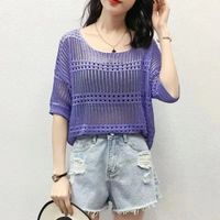 Women's Knitwear Eyelet Top 3/4 Length Sleeve Blouses Braid Mesh Knitted Simple Style Solid Color main image 2
