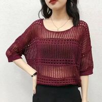 Women's Knitwear Eyelet Top 3/4 Length Sleeve Blouses Braid Mesh Knitted Simple Style Solid Color main image 4