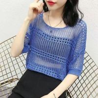 Women's Knitwear Eyelet Top 3/4 Length Sleeve Blouses Braid Mesh Knitted Simple Style Solid Color main image 1