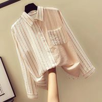 Women's Blouse Long Sleeve Blouses Pocket Washed Button Simple Style Stripe Solid Color main image 3