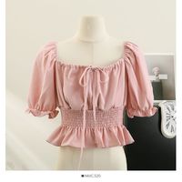 Women's Blouse 3/4 Length Sleeve Blouses Drawstring Washed Backless Simple Style Solid Color main image 3
