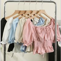 Women's Blouse 3/4 Length Sleeve Blouses Drawstring Washed Backless Simple Style Solid Color main image 1