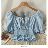 Women's Blouse 3/4 Length Sleeve Blouses Drawstring Washed Backless Simple Style Solid Color main image 7