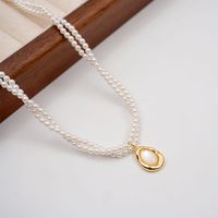 Casual Vintage Style Beach Round Imitation Pearl Copper Beaded Plating Shell Gold Plated Women's Double Layer Necklaces main image 6