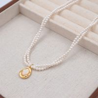 Casual Vintage Style Beach Round Imitation Pearl Copper Beaded Plating Shell Gold Plated Women's Double Layer Necklaces main image 3