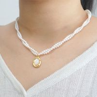 Casual Vintage Style Beach Round Imitation Pearl Copper Beaded Plating Shell Gold Plated Women's Double Layer Necklaces main image 2
