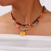 304 Stainless Steel Natural Stone Agate 18K Gold Plated Casual Retro Beaded Enamel Plating Round Necklace main image 6