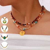 304 Stainless Steel Natural Stone Agate 18K Gold Plated Casual Retro Beaded Enamel Plating Round Necklace main image 4