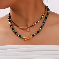 304 Stainless Steel Natural Stone Agate 18K Gold Plated Casual Retro Beaded Enamel Plating Round Necklace main image 8