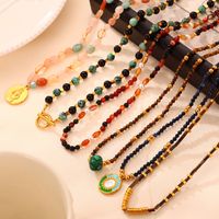 304 Stainless Steel Natural Stone Agate 18K Gold Plated Casual Retro Beaded Enamel Plating Round Necklace main image 1