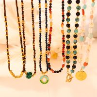 304 Stainless Steel Natural Stone Agate 18K Gold Plated Casual Retro Beaded Enamel Plating Round Necklace main image 5