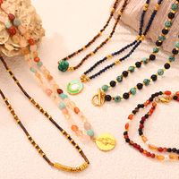 304 Stainless Steel Natural Stone Agate 18K Gold Plated Casual Retro Beaded Enamel Plating Round Necklace main image 2