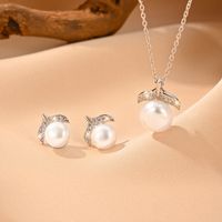 Elegant Wedding Simple Style Pearl White Gold Plated Rhodium Plated Freshwater Pearl Freshwater Pearl Sterling Silver Wholesale Earrings Necklace Jewelry Set sku image 3