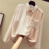 Women's Blouse Long Sleeve Blouses Pocket Washed Button Simple Style Stripe Solid Color main image 6