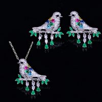Sterling Silver Copper Silver Plated Chinoiserie Vintage Style Inlay Bird Zircon Earrings Necklace Jewelry Set main image 7