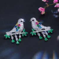 Sterling Silver Copper Silver Plated Chinoiserie Vintage Style Inlay Bird Zircon Earrings Necklace Jewelry Set main image 4