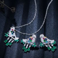 Sterling Silver Copper Silver Plated Chinoiserie Vintage Style Inlay Bird Zircon Earrings Necklace Jewelry Set main image 3