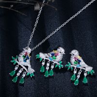 Sterling Silver Copper Silver Plated Chinoiserie Vintage Style Inlay Bird Zircon Earrings Necklace Jewelry Set main image 8