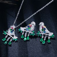 Sterling Silver Copper Silver Plated Chinoiserie Vintage Style Inlay Bird Zircon Earrings Necklace Jewelry Set sku image 1