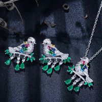 Sterling Silver Copper Silver Plated Chinoiserie Vintage Style Inlay Bird Zircon Earrings Necklace Jewelry Set main image 9