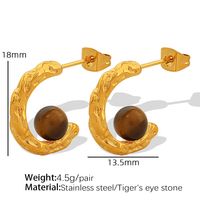 1 Pair Elegant Retro C Shape Irregular 304 Stainless Steel Glass Bead Tiger Eye 18K Gold Plated Ear Studs main image 7
