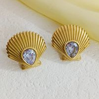 1 Pair Elegant Vintage Style Lady Shell Plating Inlay 304 Stainless Steel Rhinestones 18K Gold Plated Ear Studs sku image 1