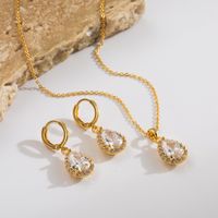 Copper 14K Gold Plated Elegant Lady Inlay Water Droplets Zircon Earrings Necklace Jewelry Set main image 3