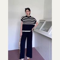 Weekend School Daily Women's Classic Style Stripe Solid Color Rayon Spandex Polyester Elastic Waist Washed T-Shirt Sets Pants Sets main image 1
