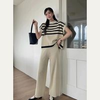 Weekend School Daily Women's Classic Style Stripe Solid Color Rayon Spandex Polyester Elastic Waist Washed T-Shirt Sets Pants Sets main image 3